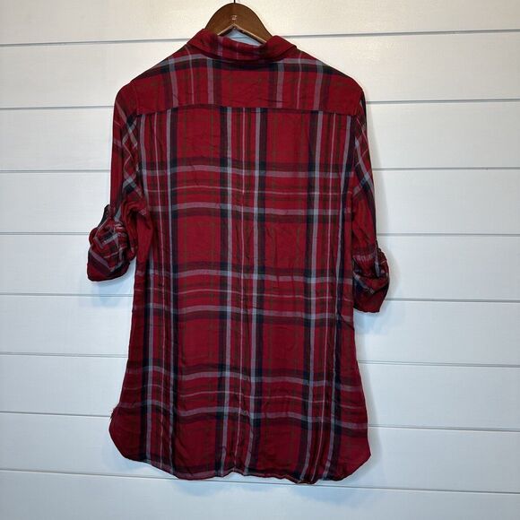 Women's Ralph Lauren Medium Tunic Button Up Top Red Plaid Viscose Flannel Shirt - Picture 7 of 11
